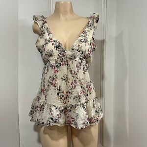 Zoe D Top Ruffled V Neck Sleeveless Linen Blend Size Small